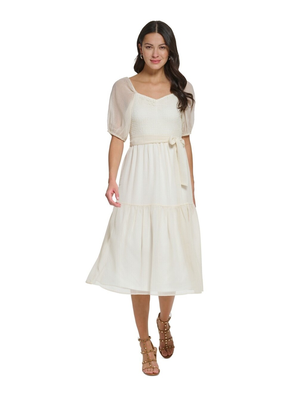 Dkny Women's Puff-Sleeve Smocked Midi Dress Size 12